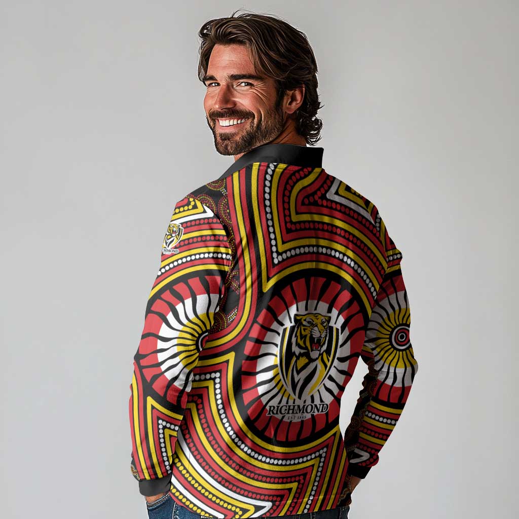 Richmond Football Club Long Sleeve Polo Shirt Indigenous Monochrome Dot Art Mascot Style