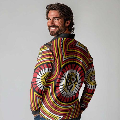 Richmond Football Club Long Sleeve Polo Shirt Indigenous Monochrome Dot Art Mascot Style