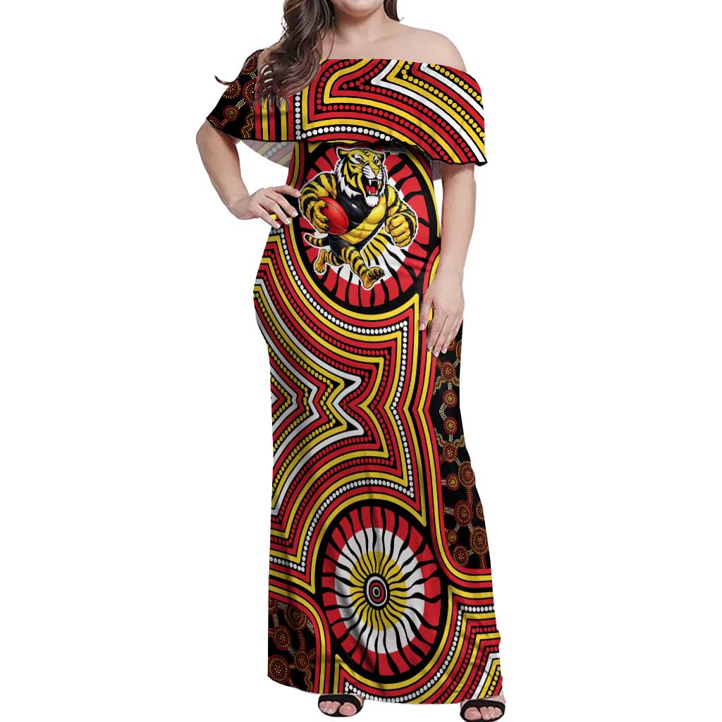 Richmond Football Club Off Shoulder Maxi Dress Indigenous Monochrome Dot Art Mascot Style