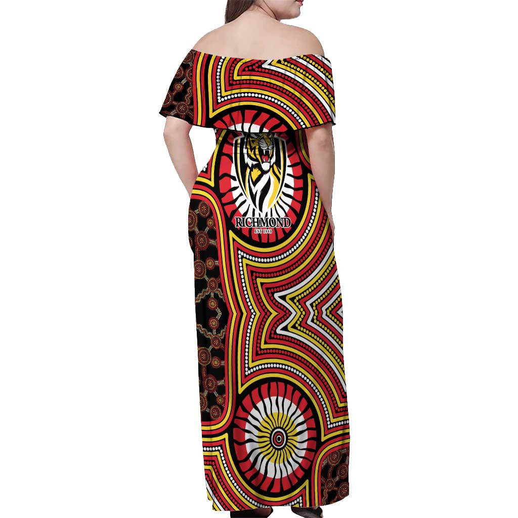 Richmond Football Club Off Shoulder Maxi Dress Indigenous Monochrome Dot Art Mascot Style