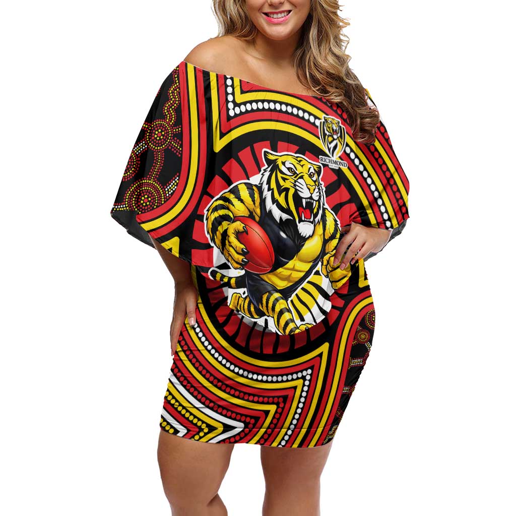 Richmond Football Club Off Shoulder Short Dress Indigenous Monochrome Dot Art Mascot Style