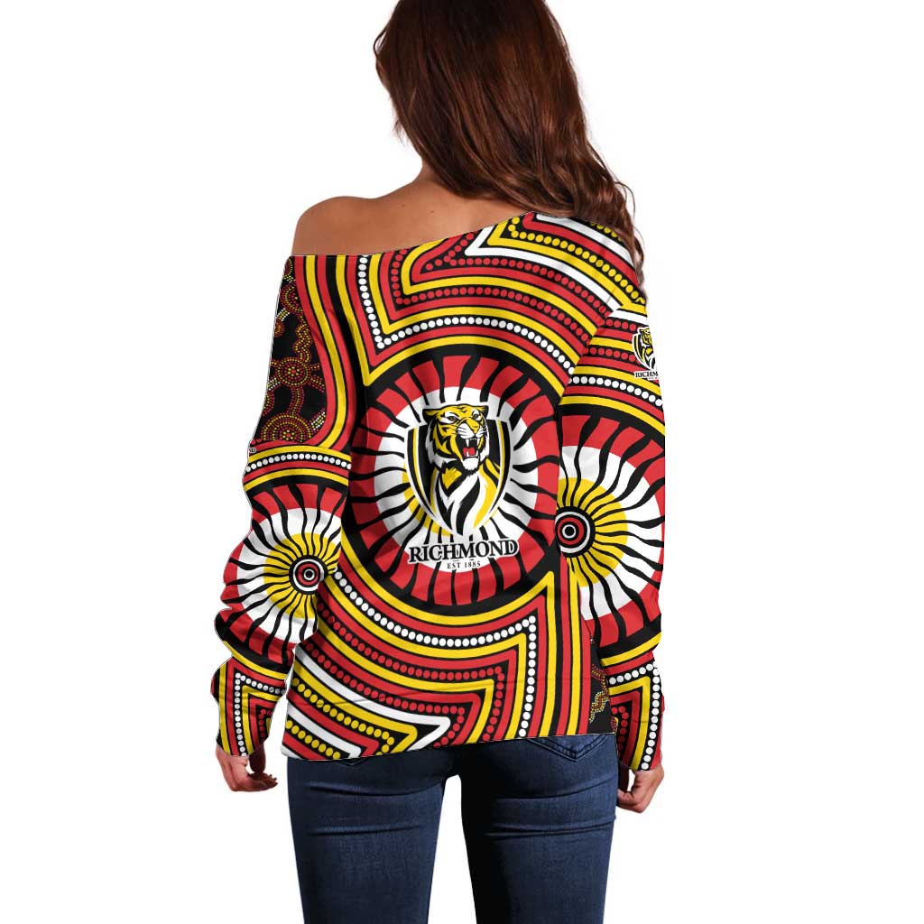 Richmond Football Club Off Shoulder Sweater Indigenous Monochrome Dot Art Mascot Style