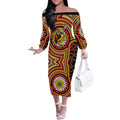 Richmond Football Club Off The Shoulder Long Sleeve Dress Indigenous Monochrome Dot Art Mascot Style