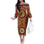 Richmond Football Club Off The Shoulder Long Sleeve Dress Indigenous Monochrome Dot Art Mascot Style