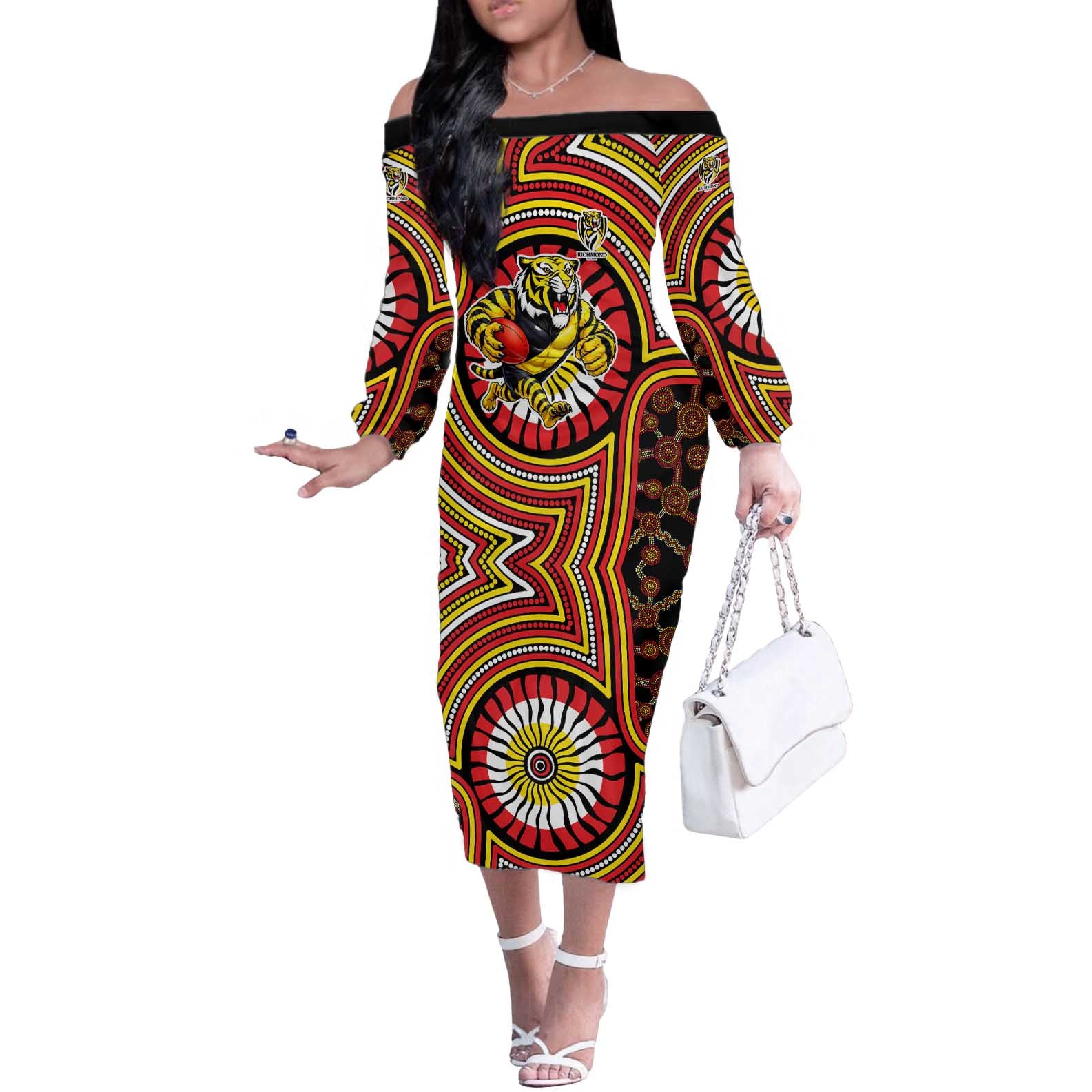 Richmond Football Club Off The Shoulder Long Sleeve Dress Indigenous Monochrome Dot Art Mascot Style