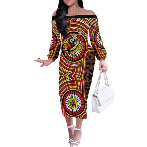 Richmond Football Club Off The Shoulder Long Sleeve Dress Indigenous Monochrome Dot Art Mascot Style