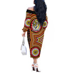 Richmond Football Club Off The Shoulder Long Sleeve Dress Indigenous Monochrome Dot Art Mascot Style