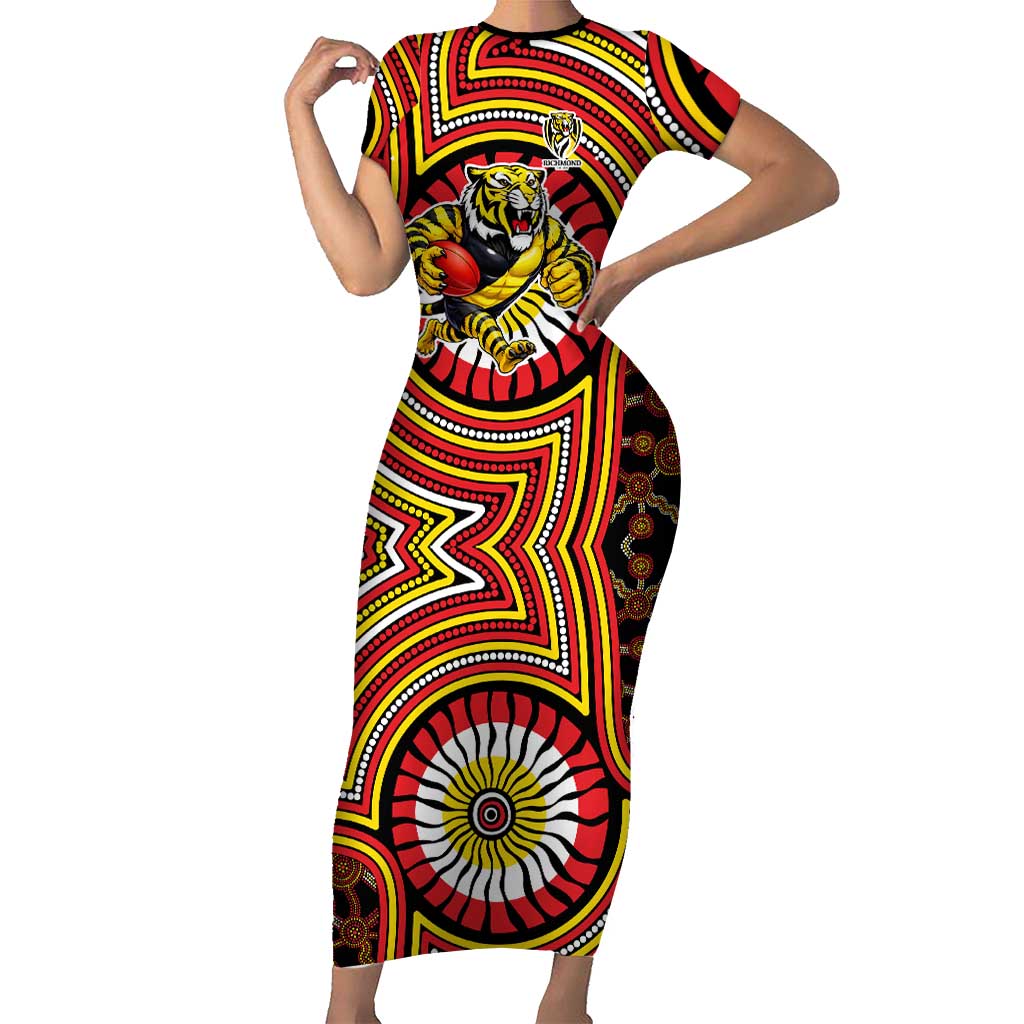 Richmond Football Club Short Sleeve Bodycon Dress Indigenous Monochrome Dot Art Mascot Style