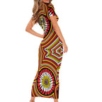 Richmond Football Club Short Sleeve Bodycon Dress Indigenous Monochrome Dot Art Mascot Style