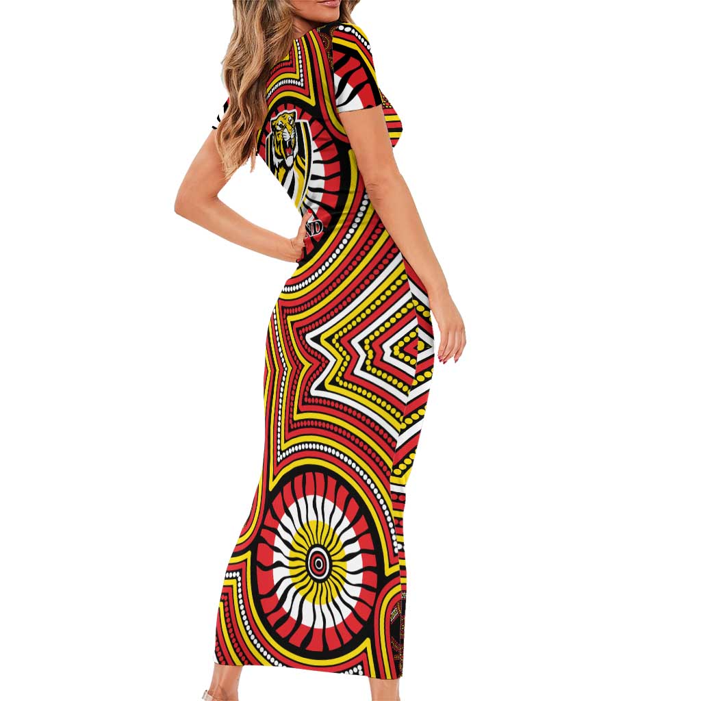 Richmond Football Club Short Sleeve Bodycon Dress Indigenous Monochrome Dot Art Mascot Style