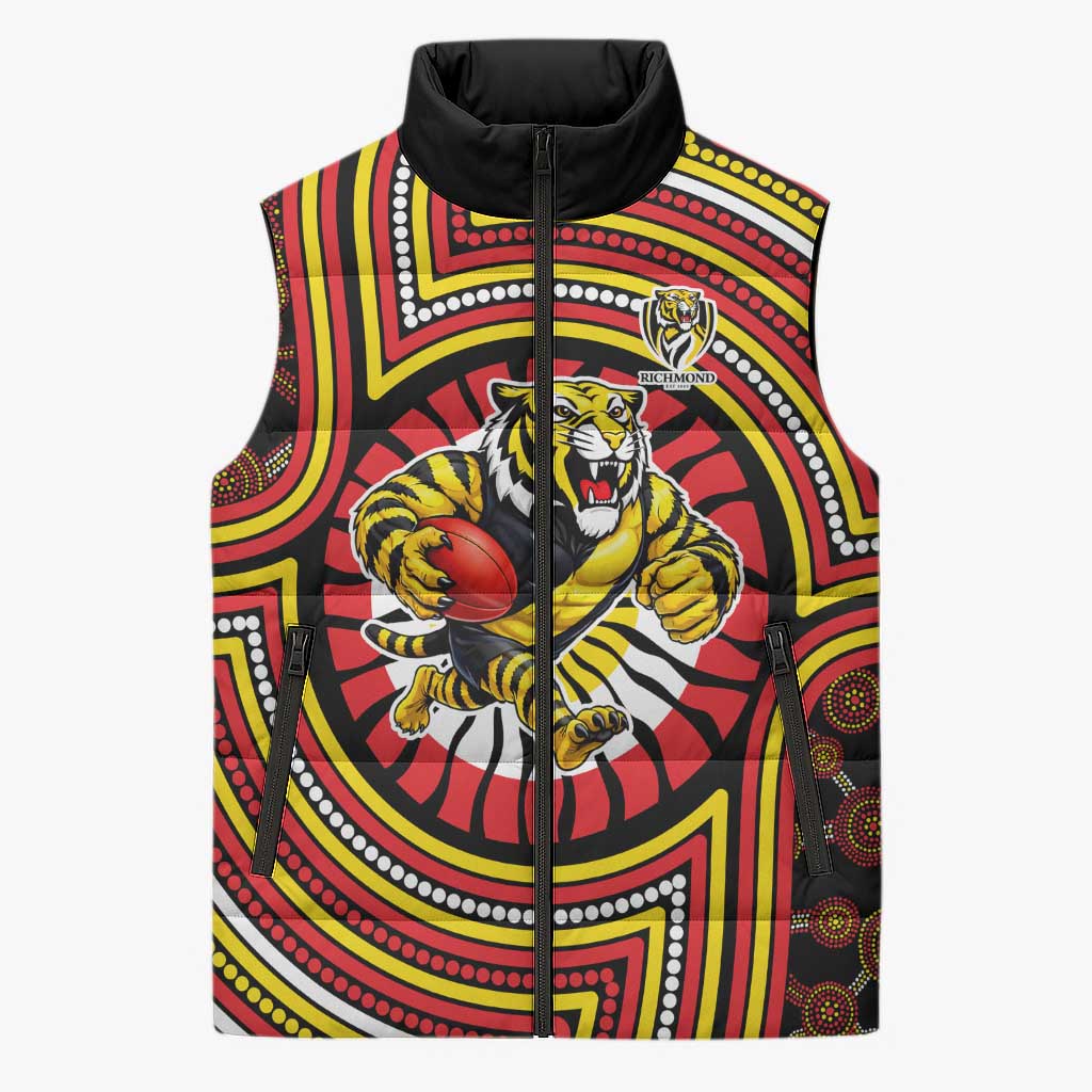 Richmond Football Club Sleeveless Puffer Jacket Indigenous Monochrome Dot Art Mascot Style
