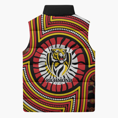 Richmond Football Club Sleeveless Puffer Jacket Indigenous Monochrome Dot Art Mascot Style