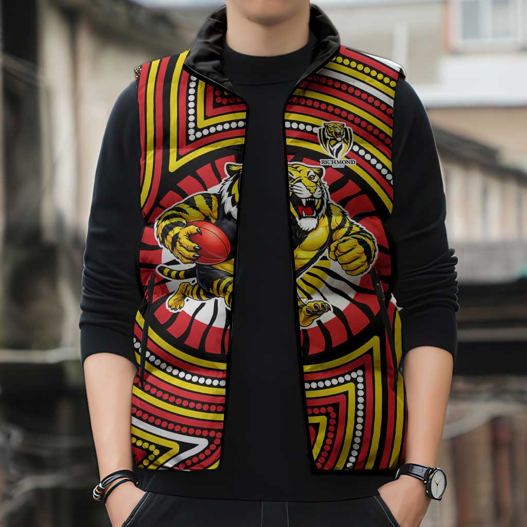 Richmond Football Club Sleeveless Puffer Jacket Indigenous Monochrome Dot Art Mascot Style