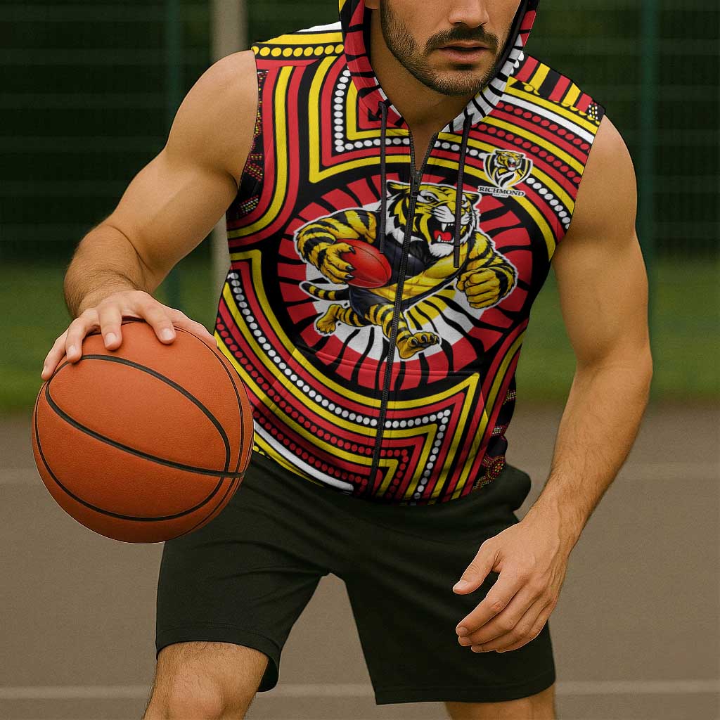 Richmond Football Club Sleeveless Zip Hoodie Indigenous Monochrome Dot Art Mascot Style