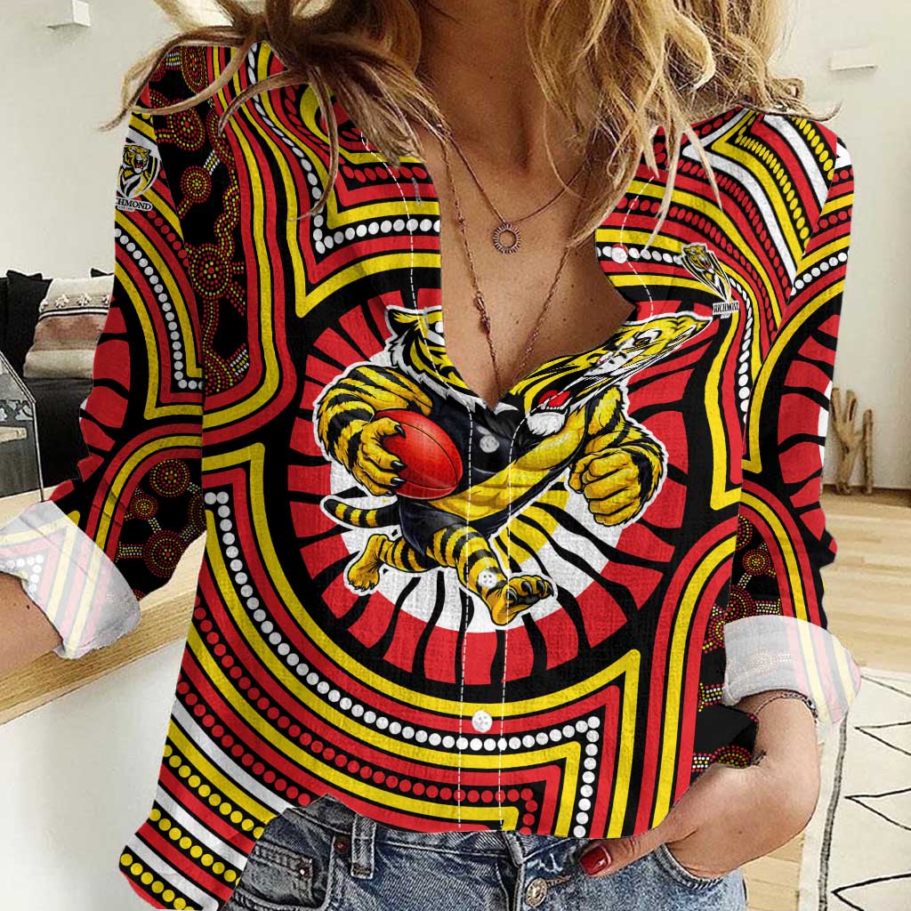 Richmond Football Club Women Casual Shirt Indigenous Monochrome Dot Art Mascot Style