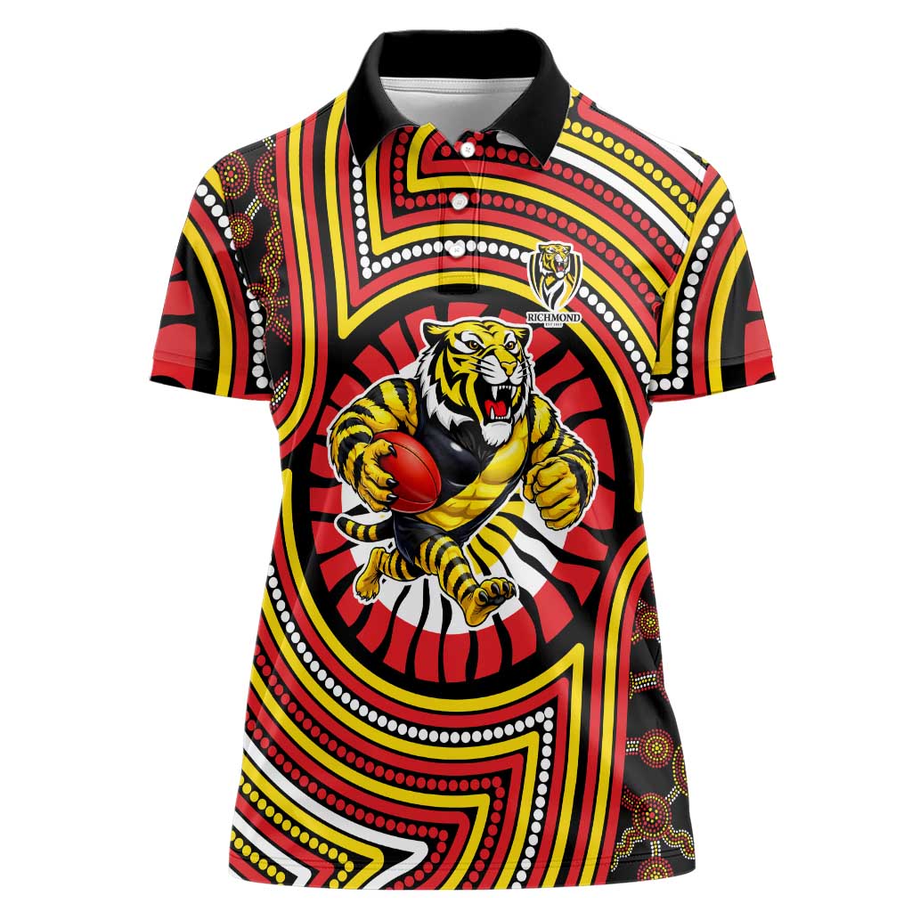 Richmond Football Club Women Polo Shirt Indigenous Monochrome Dot Art Mascot Style