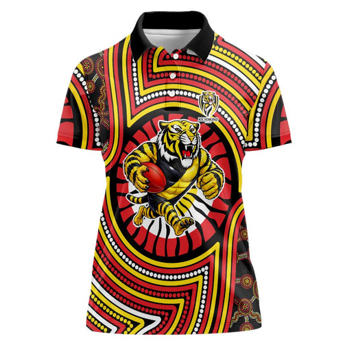 Richmond Football Club Women Polo Shirt Indigenous Monochrome Dot Art Mascot Style