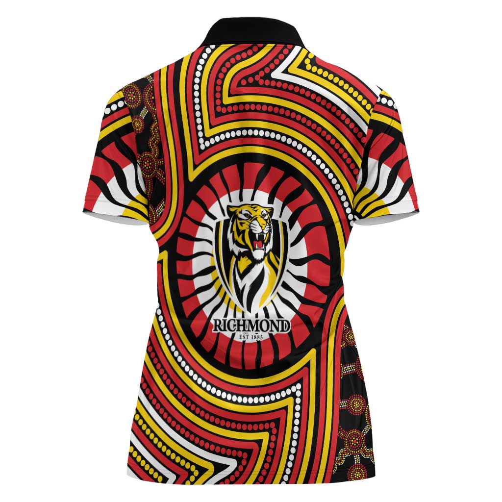 Richmond Football Club Women Polo Shirt Indigenous Monochrome Dot Art Mascot Style