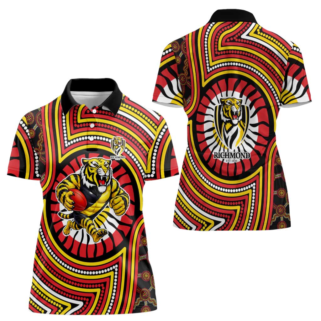 Richmond Football Club Women Polo Shirt Indigenous Monochrome Dot Art Mascot Style