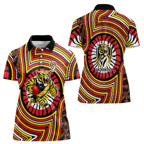Richmond Football Club Women Polo Shirt Indigenous Monochrome Dot Art Mascot Style