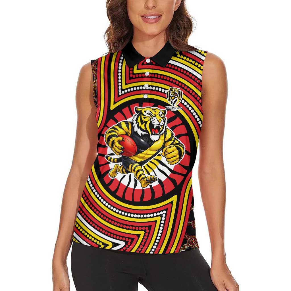 Richmond Football Club Women Sleeveless Polo Shirt Indigenous Monochrome Dot Art Mascot Style