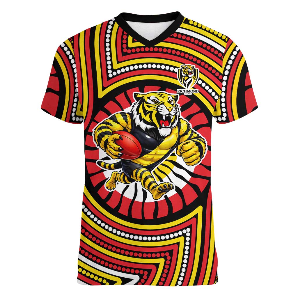 Richmond Football Club Women V-Neck T-Shirt Indigenous Monochrome Dot Art Mascot Style