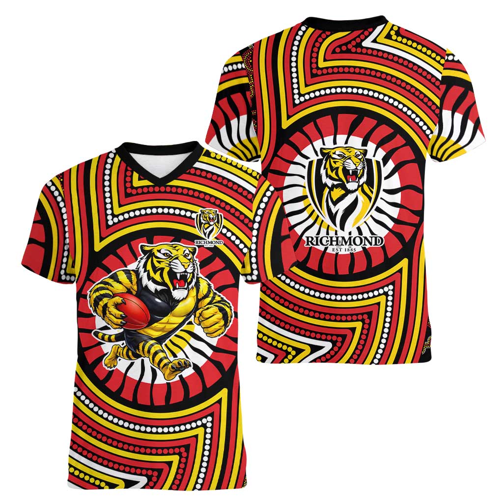 Richmond Football Club Women V-Neck T-Shirt Indigenous Monochrome Dot Art Mascot Style