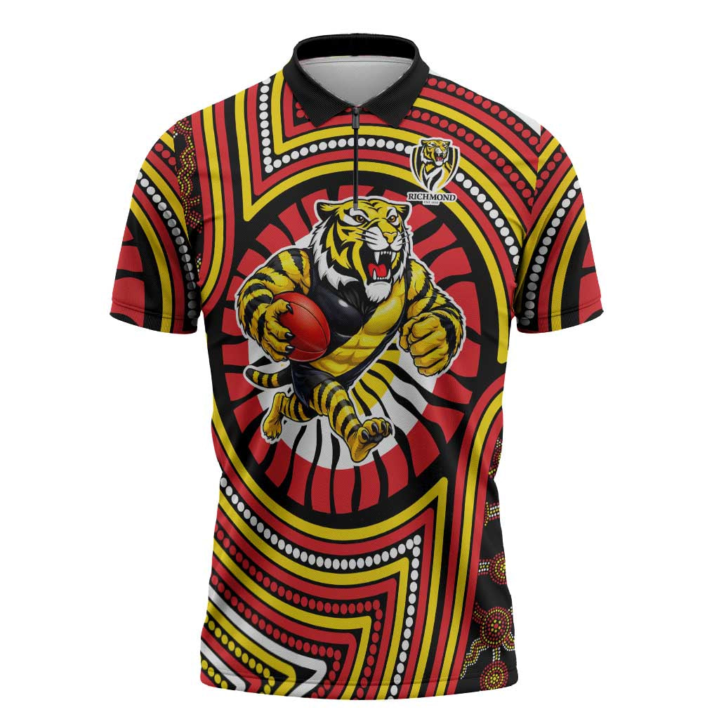 Richmond Football Club Zipper Polo Shirt Indigenous Monochrome Dot Art Mascot Style