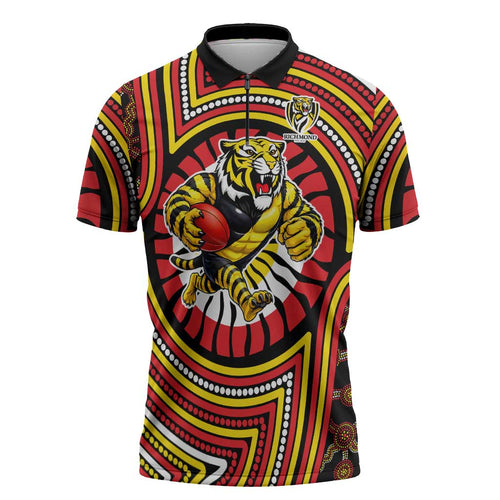 Richmond Football Club Zipper Polo Shirt Indigenous Monochrome Dot Art Mascot Style