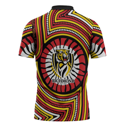 Richmond Football Club Zipper Polo Shirt Indigenous Monochrome Dot Art Mascot Style