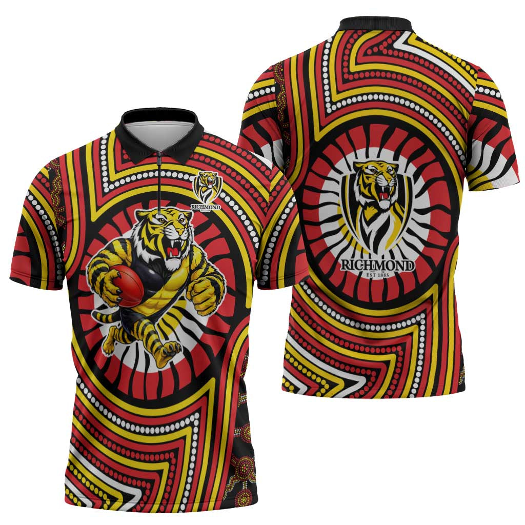 Richmond Football Club Zipper Polo Shirt Indigenous Monochrome Dot Art Mascot Style
