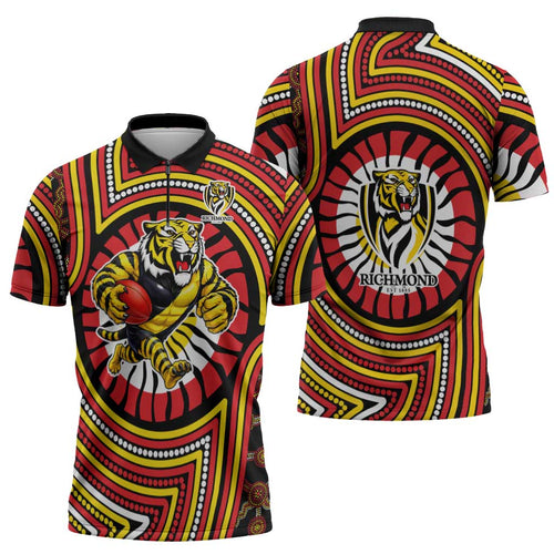 Richmond Football Club Zipper Polo Shirt Indigenous Monochrome Dot Art Mascot Style