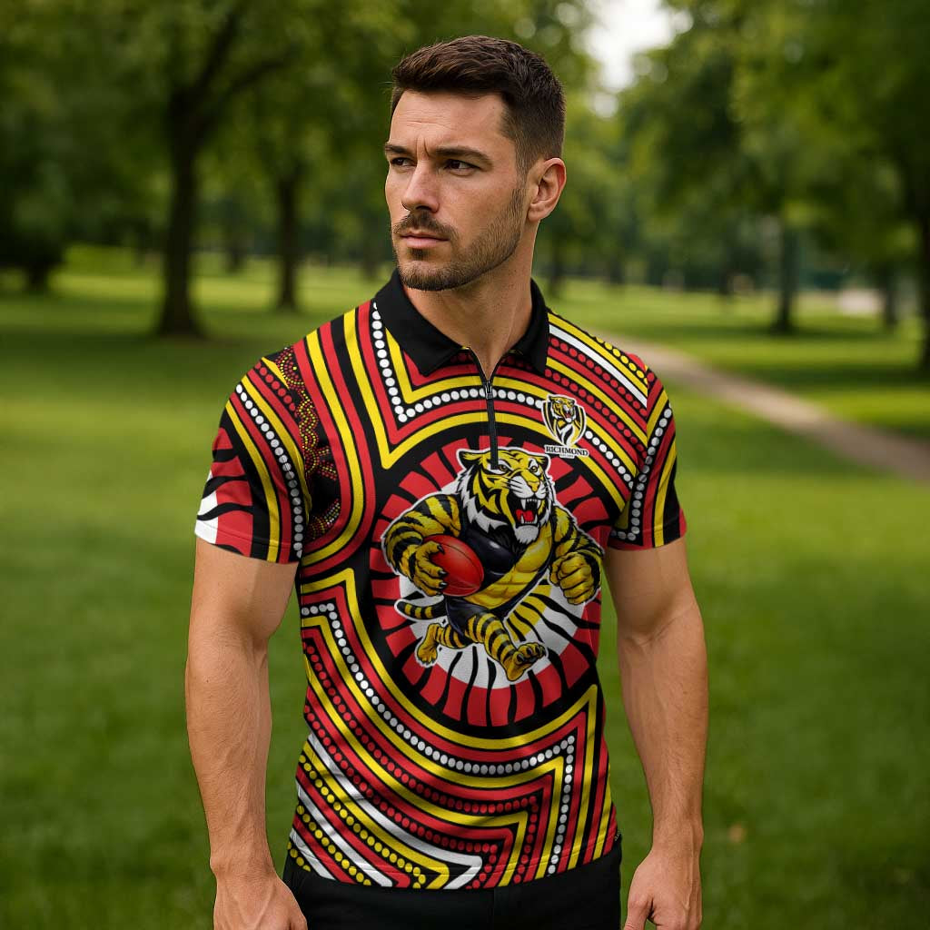 Richmond Football Club Zipper Polo Shirt Indigenous Monochrome Dot Art Mascot Style