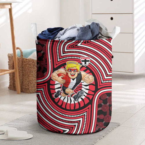St Kilda Football Club Laundry Basket Indigenous Monochrome Dot Art Mascot Style