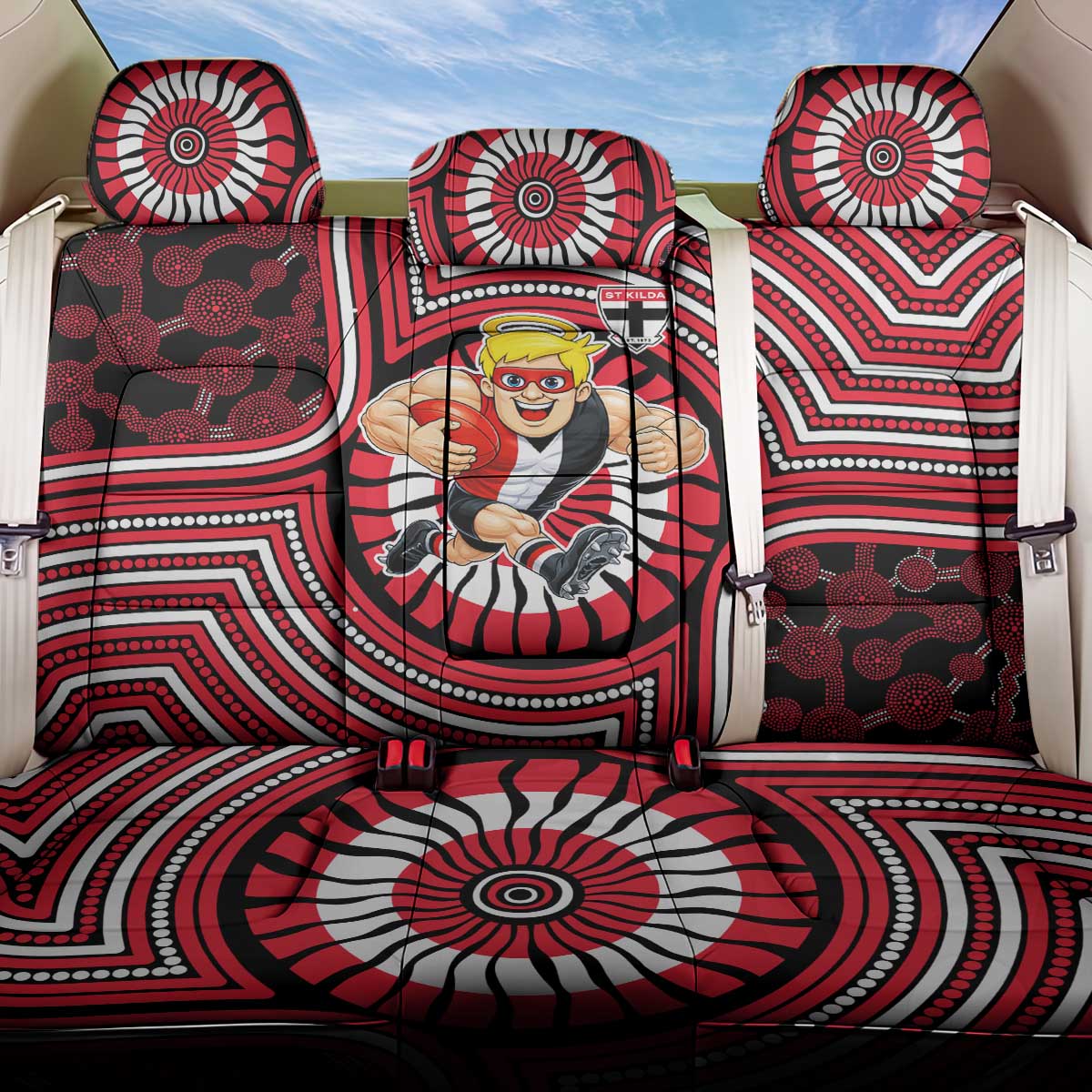 St Kilda Football Club Back Car Seat Cover Indigenous Monochrome Dot Art Mascot Style