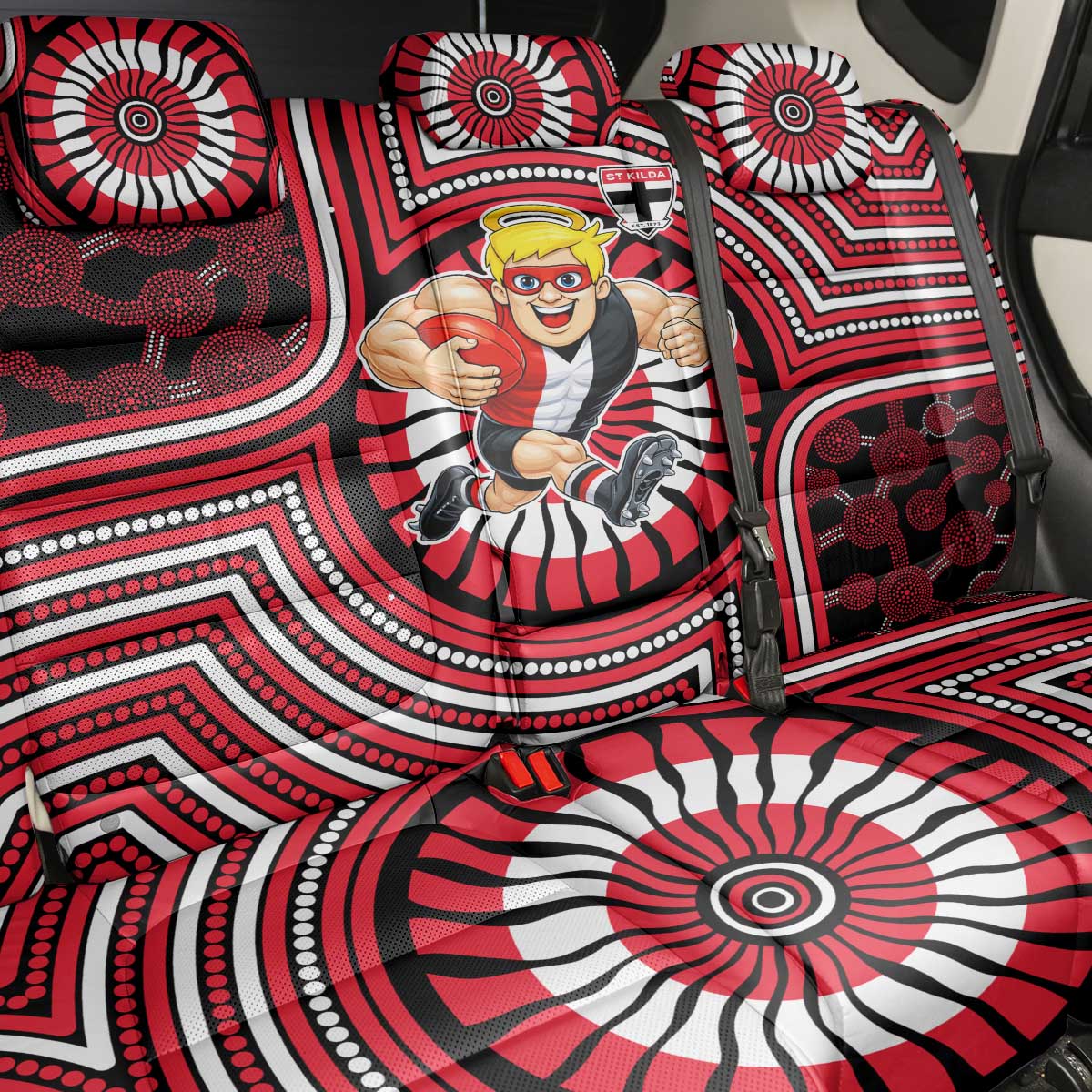 St Kilda Football Club Back Car Seat Cover Indigenous Monochrome Dot Art Mascot Style