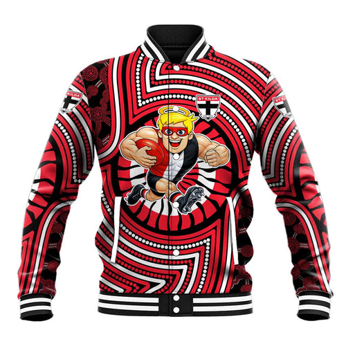 St Kilda Football Club Baseball Jacket Indigenous Monochrome Dot Art Mascot Style