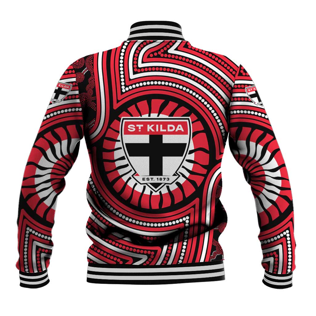 St Kilda Football Club Baseball Jacket Indigenous Monochrome Dot Art Mascot Style