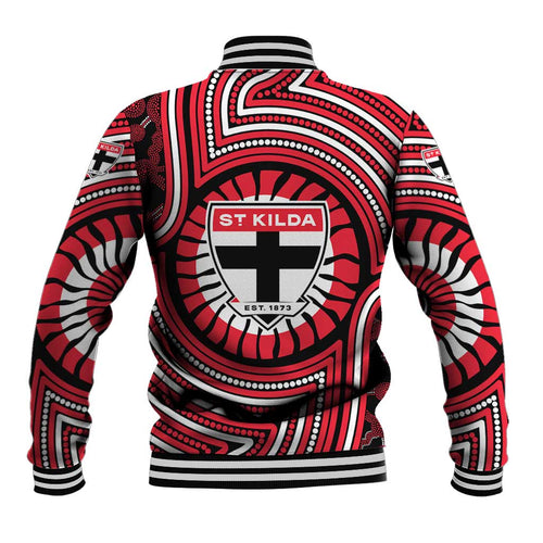 St Kilda Football Club Baseball Jacket Indigenous Monochrome Dot Art Mascot Style