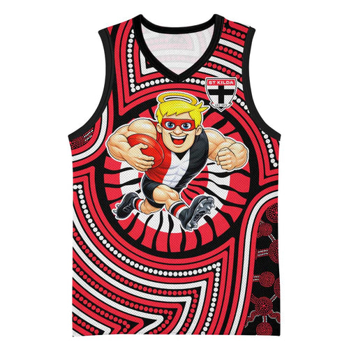 St Kilda Football Club Basketball Jersey Indigenous Monochrome Dot Art Mascot Style