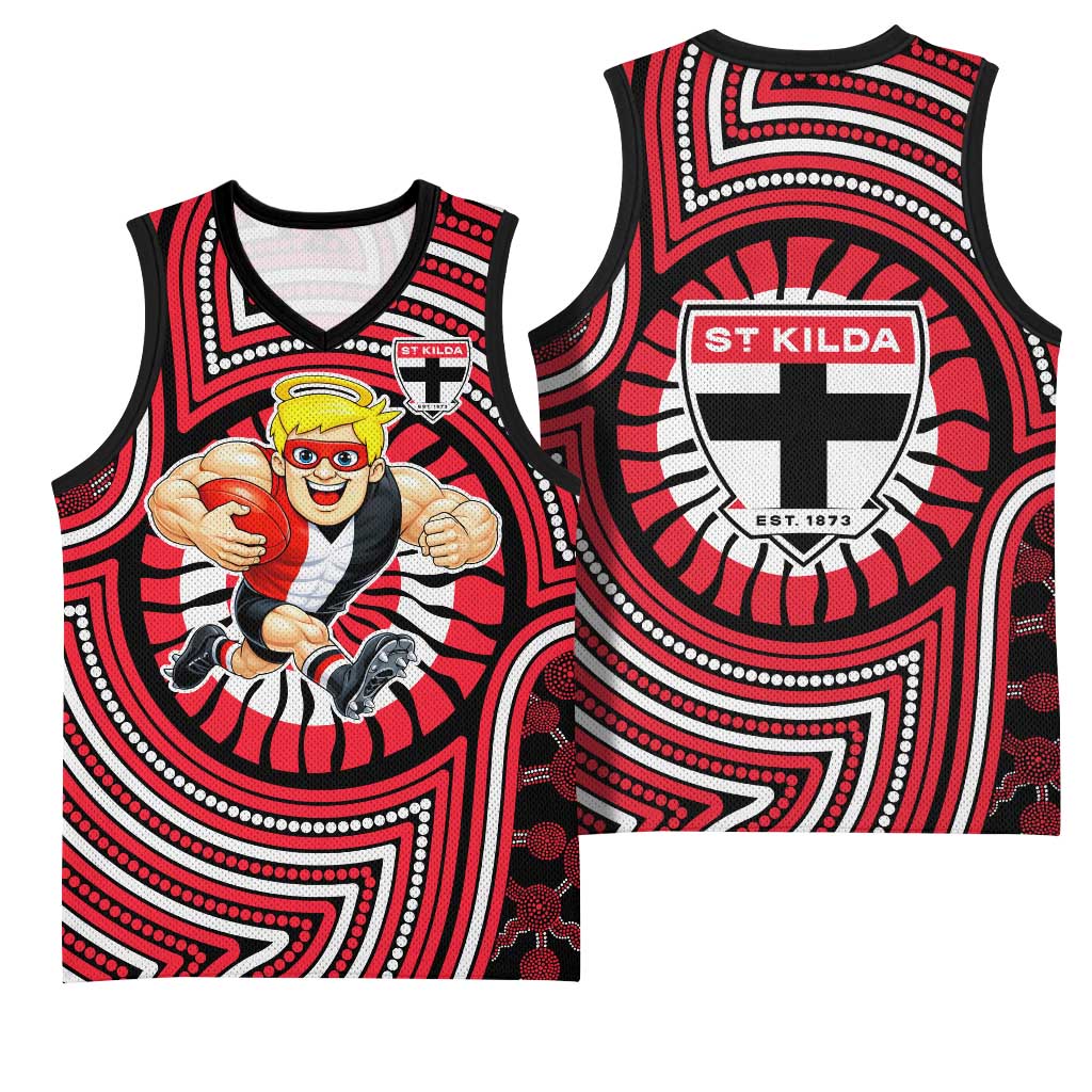 St Kilda Football Club Basketball Jersey Indigenous Monochrome Dot Art Mascot Style
