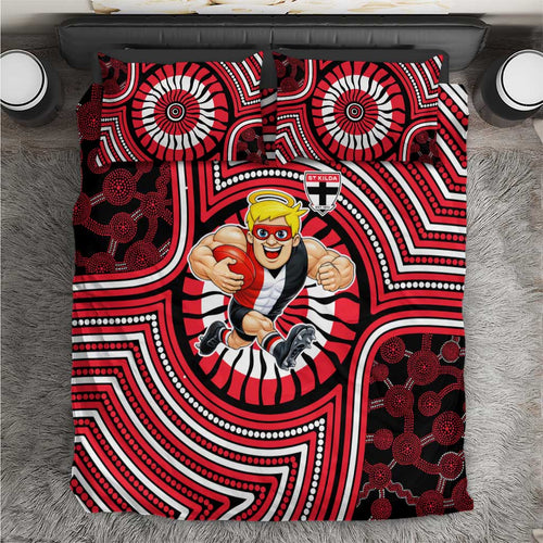 St Kilda Football Club Bedding Set Indigenous Monochrome Dot Art Mascot Style