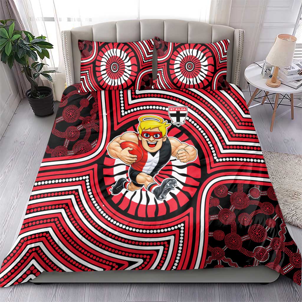 St Kilda Football Club Bedding Set Indigenous Monochrome Dot Art Mascot Style