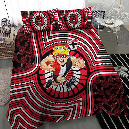 St Kilda Football Club Bedding Set Indigenous Monochrome Dot Art Mascot Style