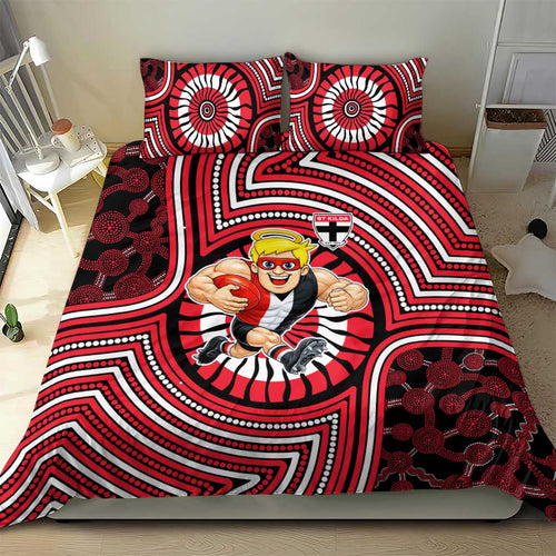 St Kilda Football Club Bedding Set Indigenous Monochrome Dot Art Mascot Style