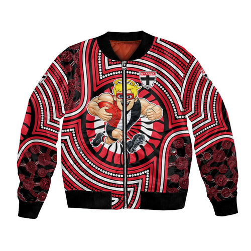 St Kilda Football Club Bomber Jacket Indigenous Monochrome Dot Art Mascot Style