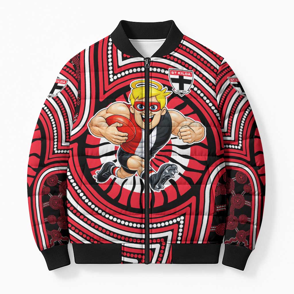 St Kilda Football Club Bomber Puffer Jacket Indigenous Monochrome Dot Art Mascot Style