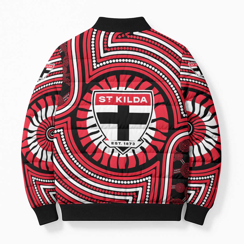 St Kilda Football Club Bomber Puffer Jacket Indigenous Monochrome Dot Art Mascot Style