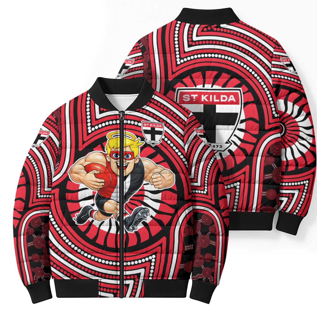 St Kilda Football Club Bomber Puffer Jacket Indigenous Monochrome Dot Art Mascot Style