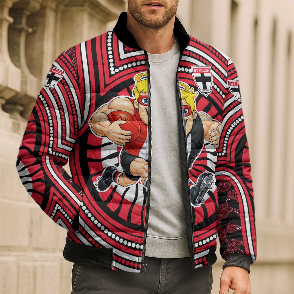 St Kilda Football Club Bomber Puffer Jacket Indigenous Monochrome Dot Art Mascot Style